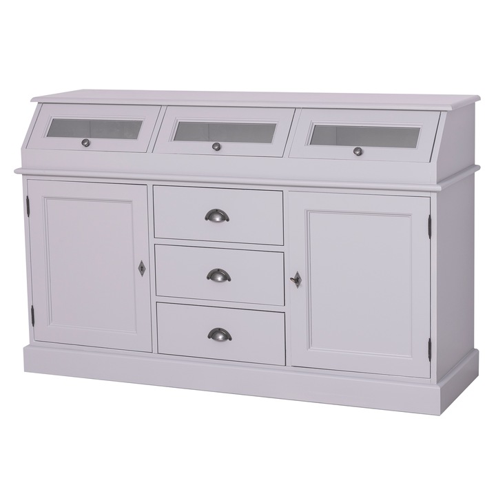 Bufet cu 2 usi, 3 sertare cu sine, 3 compartimente cu usa sticla, culoare exterior gri, culoare interior alb, dublu color, 100% lemn masiv