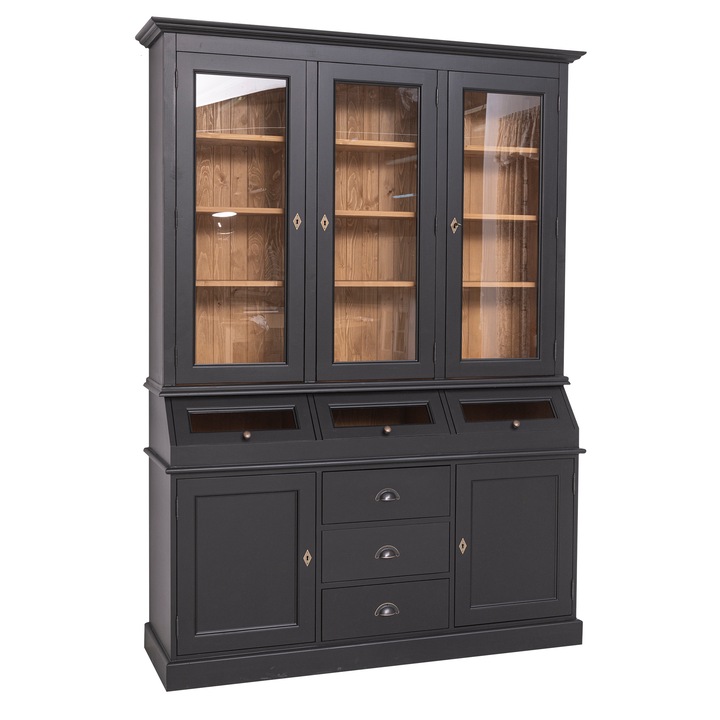 Bufet cu 2 usi, 3 sertare, 3 compartimente cu usa sticla, 3 usi sticla, culoare extloare interior natural, dublu color, 100% lemn masiverior negru, cu