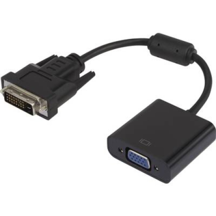 DVI/VGA преобразувател, 1x DVI щепсел - 1x VGA гнездо 24+1 полюса, позлатен, черен, с ферит, Renkforce (RF-3301134)