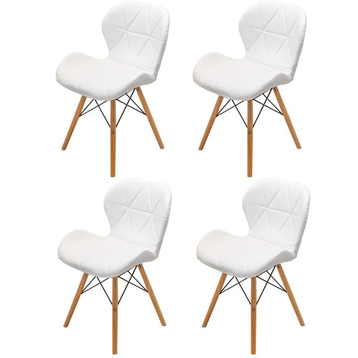 Set 4 scaune DENVER Oslo, alb, model scandinav, sezut tip scoica tapitat, picioare lemn, 48x39x74 cm