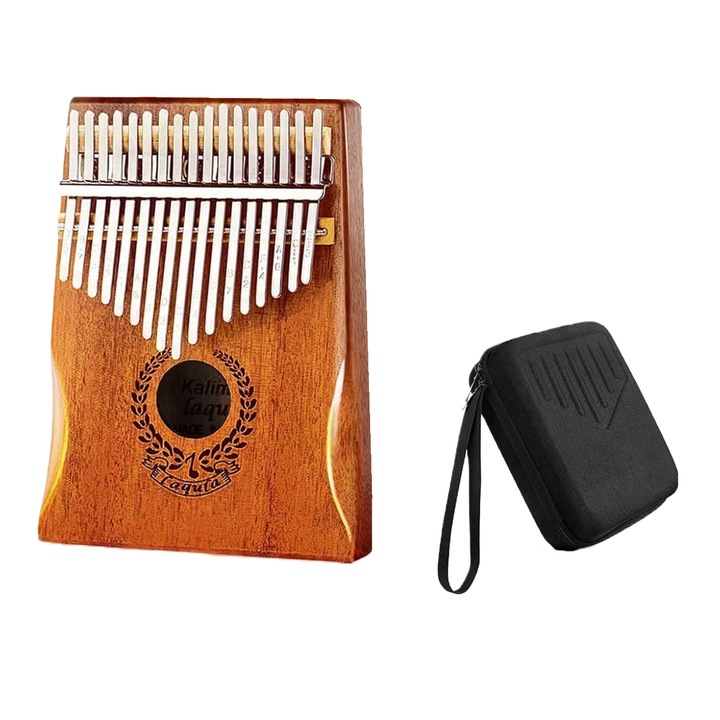 Kalimba electrica, instrument muzical cu 17 note, cu husa de depozitare, cablu cu mufa de 6mm si adaptor, ciocan tuner, din lemn