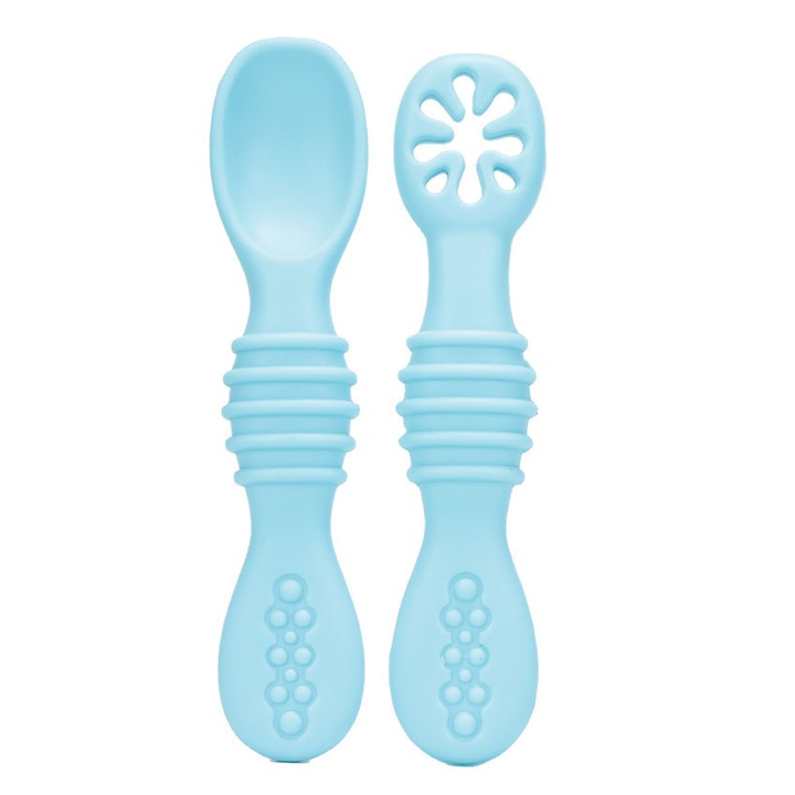 Комплект от 2 предварителни лъжички за разнообразяване и отбиване, Zggzerg, силикон без BPA, нехлъзгащи канали, със защитни бариери за предотвратяване на задавяне и гърло, за деца над 6 месеца, Син