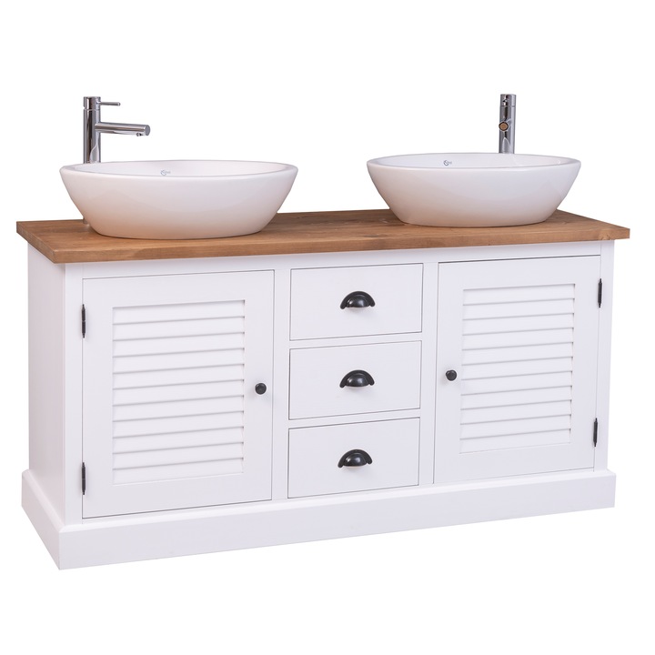 Dulap baie cu 2 usi lamelare - lavoarele sunt incluse in pret, culoare top natural, culoare corp alb, dublu color, 100% lemn masiv