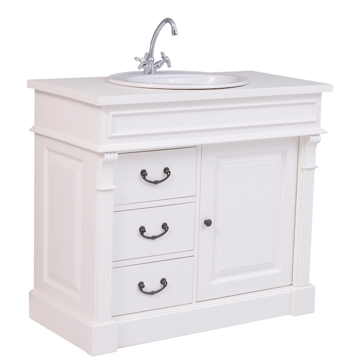 Dulap baie ornamentat pentru lavoar cu 3 sertare cu sine si 1 usa - lavoarul este inclus in pret, culoare alb murdar, vopsit, 100% lemn masiv