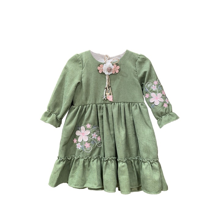 Rochie fete catifea raiata verde cu aplicatii florale