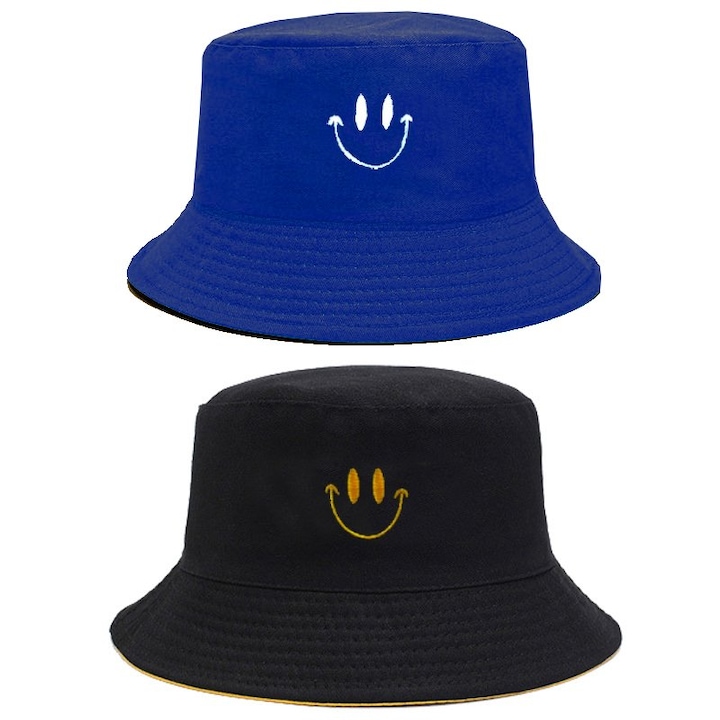 Palarie bucket, Reversibil, cu doua fete, Nevermore, Unisex, Negru/Albastru, 58 cm