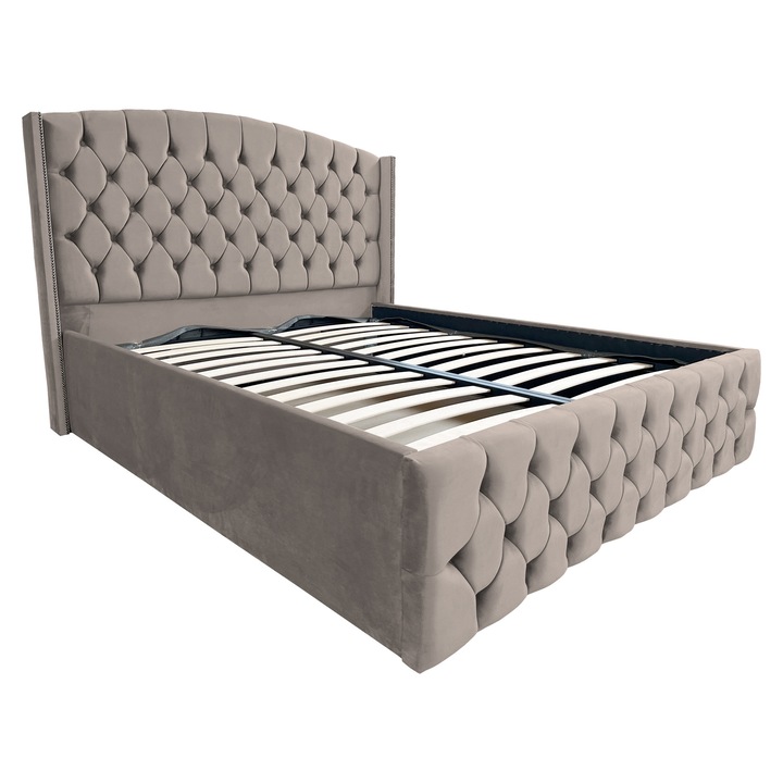 Pat tapitat Tokyo, cu spatiu de depozitare si somiera rabatabila, crem deschis, F03, 140x200 cm