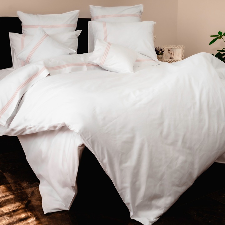 Francia ágynemű Ranforce 100% pamut 8 db lepedő 240x260 cm és paplan 200x220 cm, 2 párnahuzat 40x40, 50x70 és 70x70, Fehér 3 csíkos hímzéssel Narancs, Fucioasa