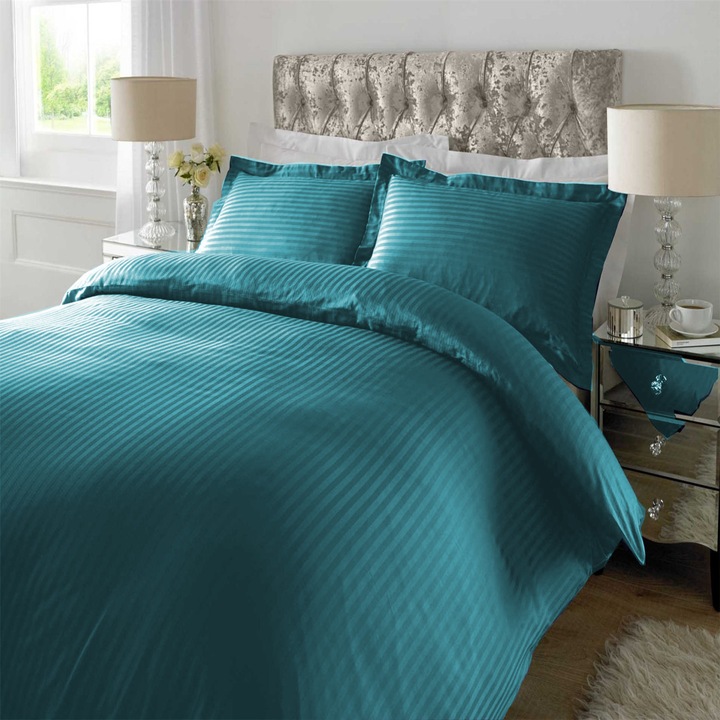 Спално бельо с ластик за чаршаф Damascus Polycotton райе 1 см, за матрак 180х200 см, чаршаф за завивка 200х220 см, 4 части Тюркоаз, Pucioasa