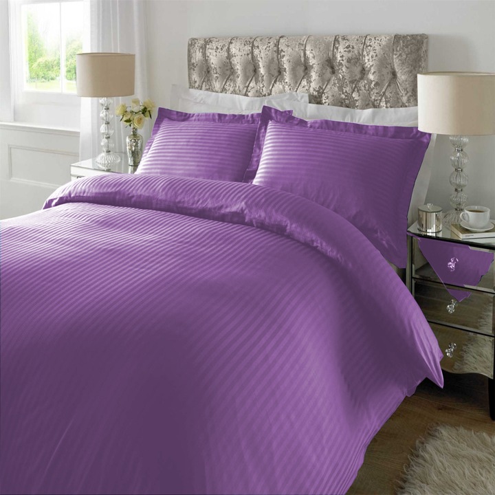 Спално бельо с ластик за чаршаф Damascus Polycotton райе 1 см, за матрак 90/100x200 см, чаршаф за завивка 140x210 см, 3 части Лилаво, Pucioasa