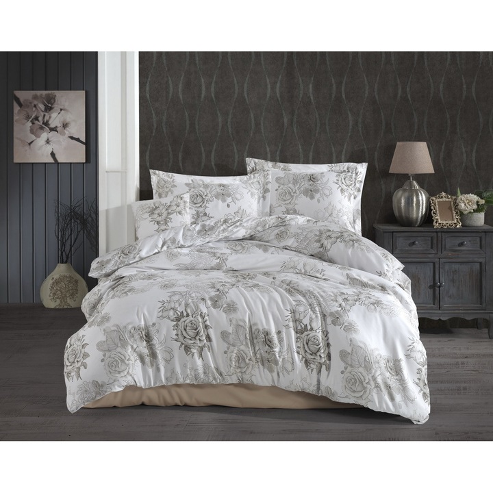 Комплект спално бельо за двойно легло, чаршаф 240х260см, плик за завивка 200х220см, с 4 калъфки за възглавници, бамбуков сатен, Dalia Beige