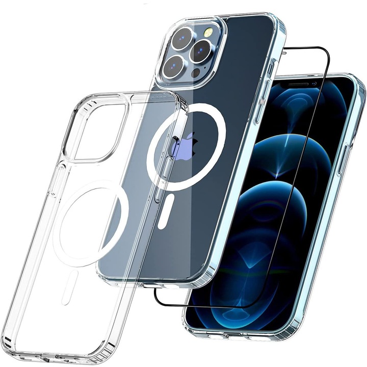 Set Full Protection MagSafe Transparent pentru iPhone 12 Pro, Protectie integrala, incarcare wireless