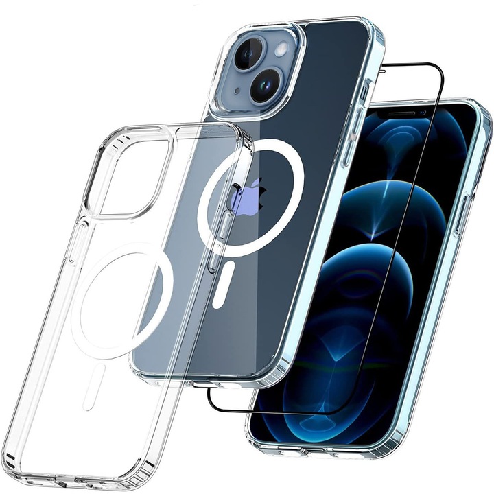 MagSafe Transparent tokkészlet és képernyővédő üvegfólia iPhone 14-hez, Teljes védelem, vezeték nélküli töltés, Átlátszó