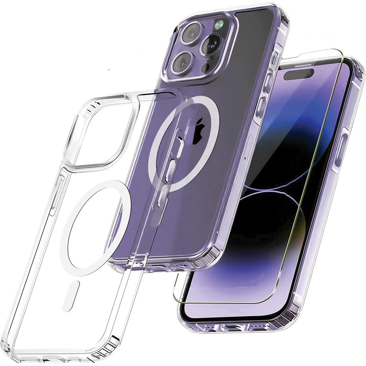 Set Full Protection MagSafe Transparent pentru iPhone 14 Pro Max, Protectie integrala, incarcare wireless