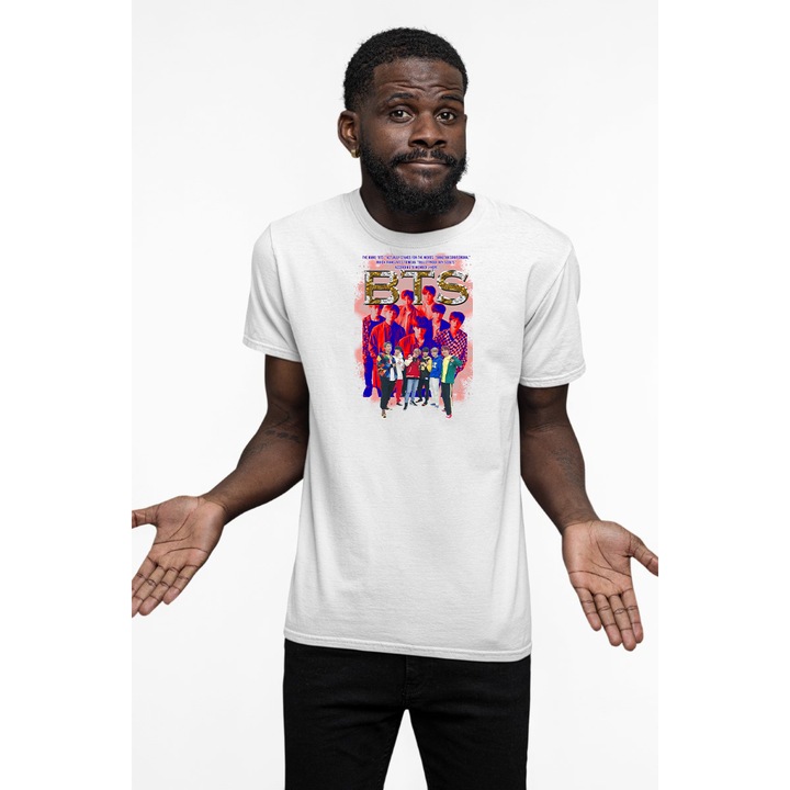 Tricou personalizat pentru barbati cu imprimeu, K-Pop - BTS model 5, Bumbac, Alb, 3XL