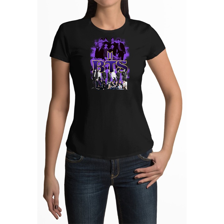 Tricou personalizat pentru femei cu imprimeu, K-Pop - BTS model 9, Bumbac, Negru, M