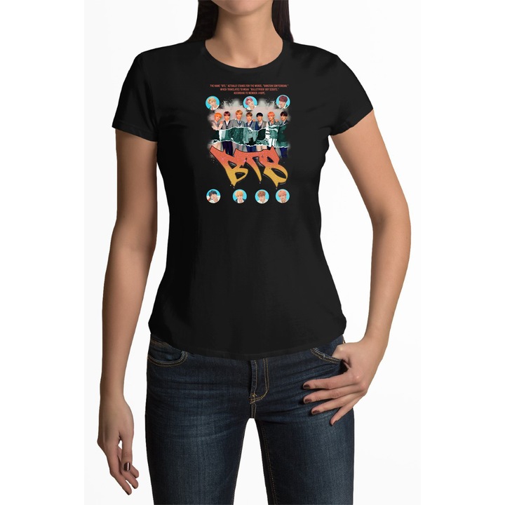 Tricou personalizat pentru femei cu imprimeu, K-Pop - BTS model 2, Bumbac, Negru, 2XL