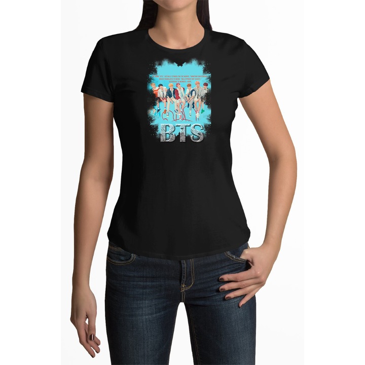 Tricou personalizat pentru femei cu imprimeu, K-Pop - BTS model 3, Bumbac, Negru, 3XL