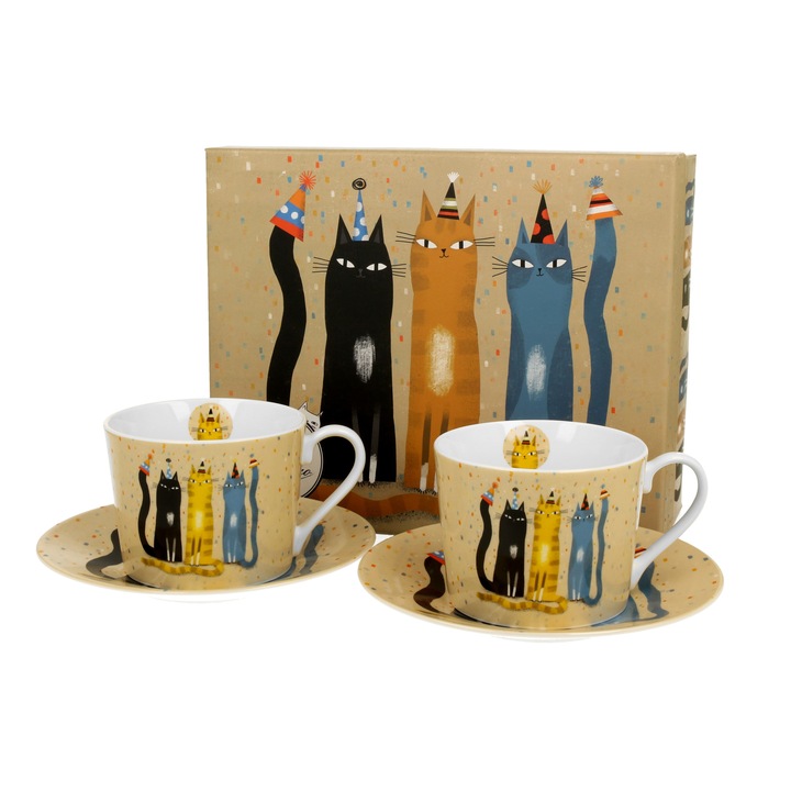 Set 2 cesti cu farfurie din portelan, Duo, Pisici Petrecarete 230 ml