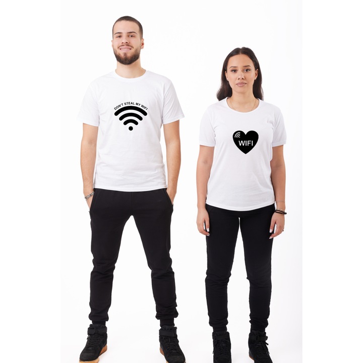 Set 2 Tricouri cadou pentru cuplu personalizat cu mesaj text Love my wifi, Bumbac, Alb, M