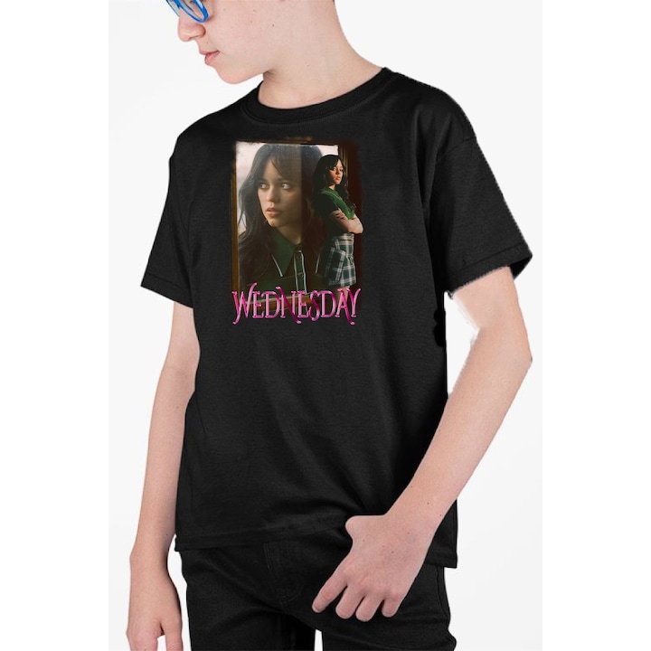 Tricou personalizat pentru copii cu imprimeu, Wednesday - Jenna Ortega model 7, Bumbac, Negru, 140-152 CM, 10 ani
