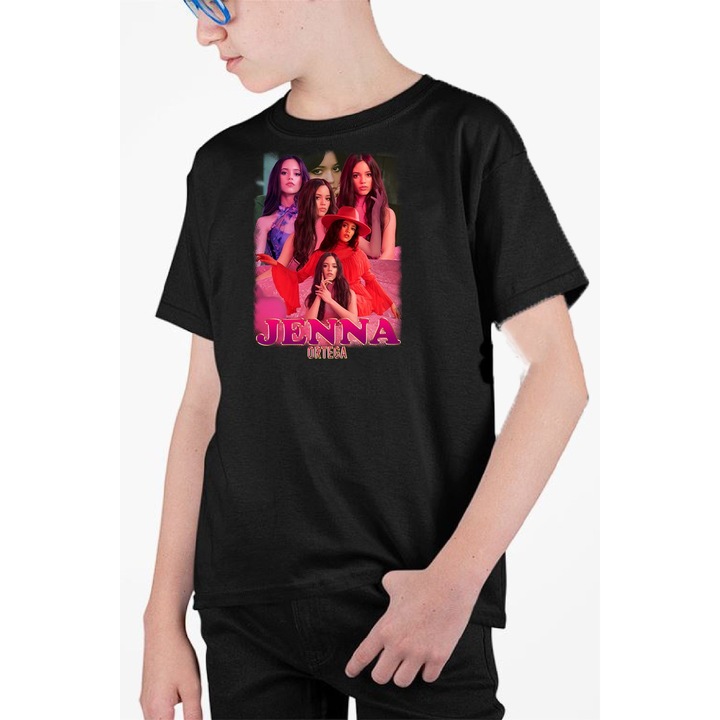 Tricou personalizat pentru copii cu imprimeu, Wednesday - Jenna Ortega model 15, Bumbac, Negru, 140-152 CM, 10 ani