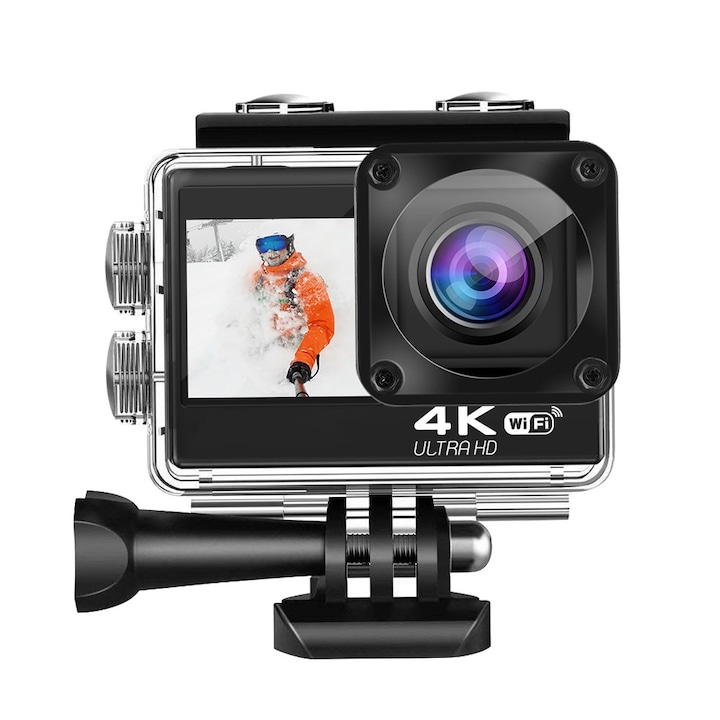 IdealStore Action Cam24 akciókamera, 24 MP, WiFi kapcsolat, 4K ultra HD felbontás, 30 fps, 170°-os széles látószög, 4x digitális zoom, távirányító, vízálló, víz alatti mód, érintőképernyő, képstabilizátor