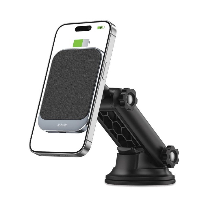 Безжично зарядно TECH-PROTECT MM15W-V2, Magnetic Magsafe, Dashboard, 15W, Qi за iPhone, Xiaomi, Samsung, OnePlus, Black