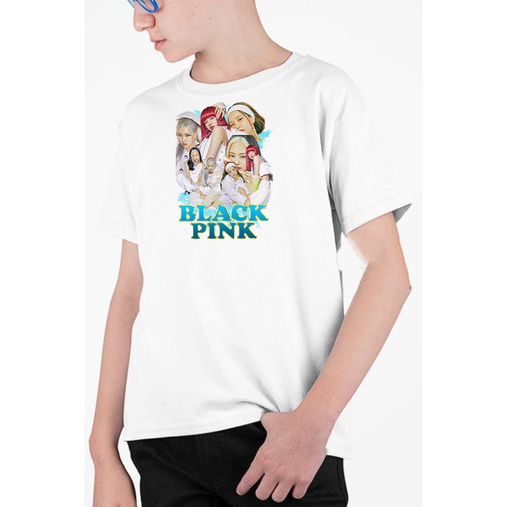 Tricou personalizat pentru copii cu imprimeu, K-Pop - Blackpink model 8, Bumbac, Alb, 128-140 CM, 8 ani