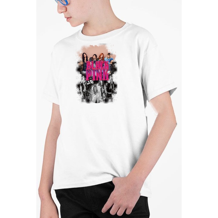Tricou personalizat pentru copii cu imprimeu, K-Pop - Blackpink model 5, Bumbac, Alb, 128-140 CM, 8 ani