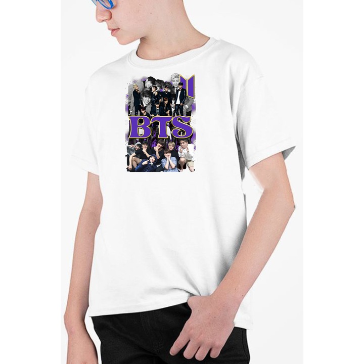 Tricou personalizat pentru copii cu imprimeu, K-Pop - BTS model 8, Bumbac, Alb, 140-152 CM, 10 ani