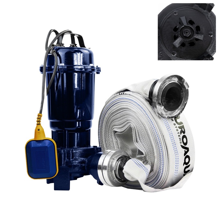 Set Pompa apa murdara EuroAqua 2.6KW/3.5CP, 20 mc/h, 2" cu tocator si flotor + Furtun de pompier 2" 20m + Sufa 20m
