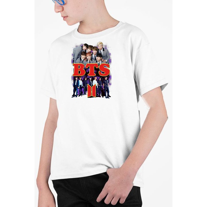 Tricou personalizat pentru copii cu imprimeu, K-Pop - BTS model 7, Bumbac, Alb, 128-140 CM, 8 ani