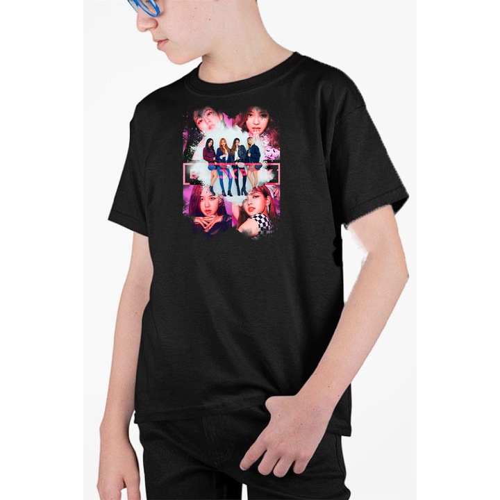 Tricou personalizat pentru copii cu imprimeu, K-Pop - Blackpink model 1, Bumbac, Negru, 128-140 CM, 8 ani