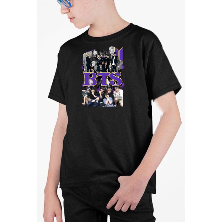 Tricou personalizat pentru copii cu imprimeu, K-Pop - BTS model 8, Bumbac, Negru, 116-128 CM, 6 ani