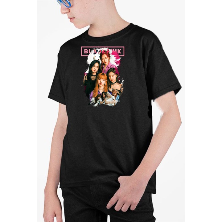 Tricou personalizat pentru copii cu imprimeu, K-Pop - Blackpink model 3, Bumbac, Negru, 140-152 CM, 10 ani