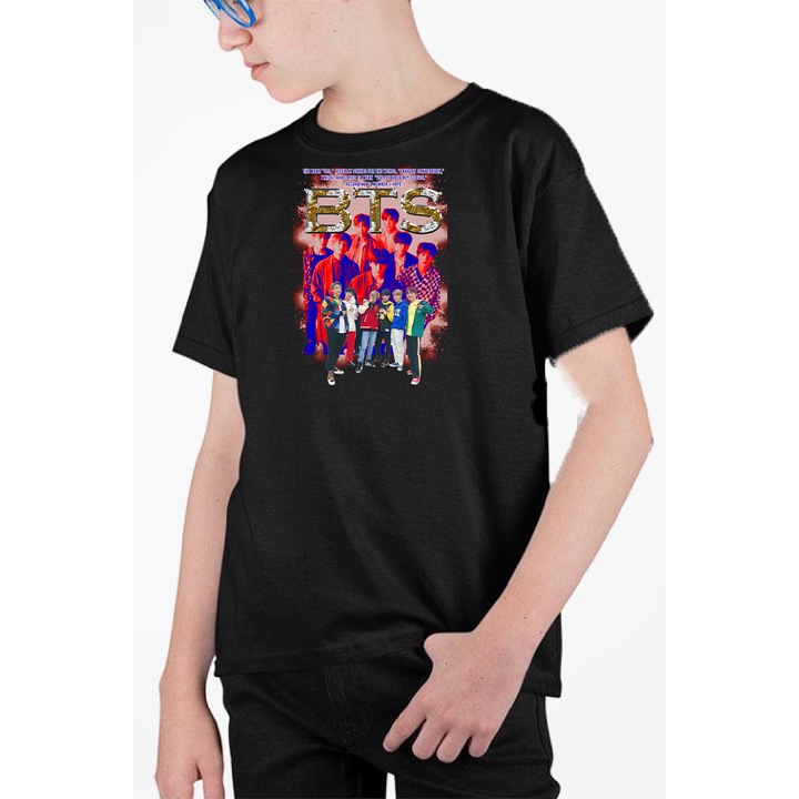 Tricou personalizat pentru copii cu imprimeu, K-Pop - BTS model 5, Bumbac, Negru, 128-140 CM, 8 ani