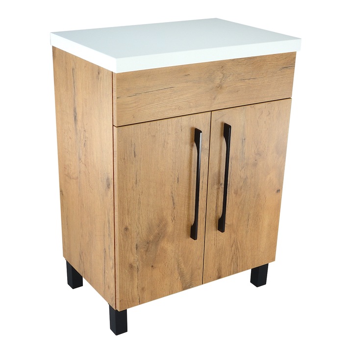 Dulap De Baie, paplinskimoebel, Material Placaj 18 Mm, Folie Pvc, Blat 36 Mm, Alb Lucios, Rafturi Metalice, Negre, Reglabile, Usi Cu Inchidere Silentioasa, 58,9 Cm X 38,8 Cm X 80,4 Cm, Multicolor