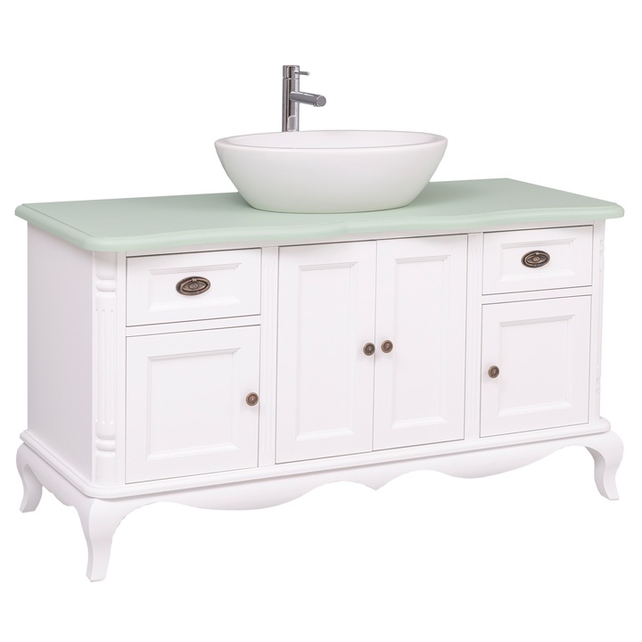 Mobilier baie chic cu 4 usi si 2 sertare pentru chiuveta suprapusa, culoare top menta, culoare corp alb, dublu color, 100% lemn masiv