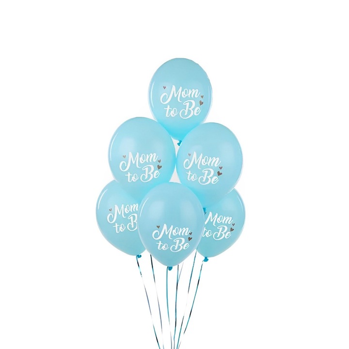 6 db-os MOM TO BE lufi készlet IdealStore, Méret 30 cm, Kék lufi fehér latex nyomattal, Ideális Baby Shower bulikhoz