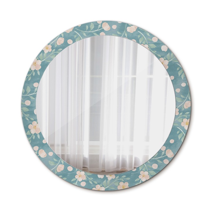 Fali tükör, Coloray, kerek, Virágos Minta, kerettel, Kék, Ø80 cm, 010090550110300029446