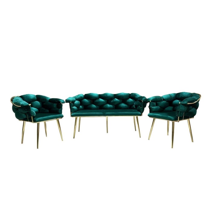 Set canapea 2 locuri cu 2 fotolii modern luxury 2 globalmobila textil 143x64x80 cm verde smarald