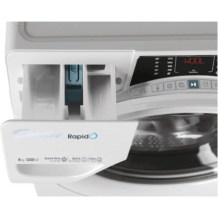 Masina de spalat rufe Candy Rapido RO 1284DWMT/1-S, 8 kg, Clasa A, 1200 RPM, Motor Inverter, WiFi, Quick&Clean, Alb