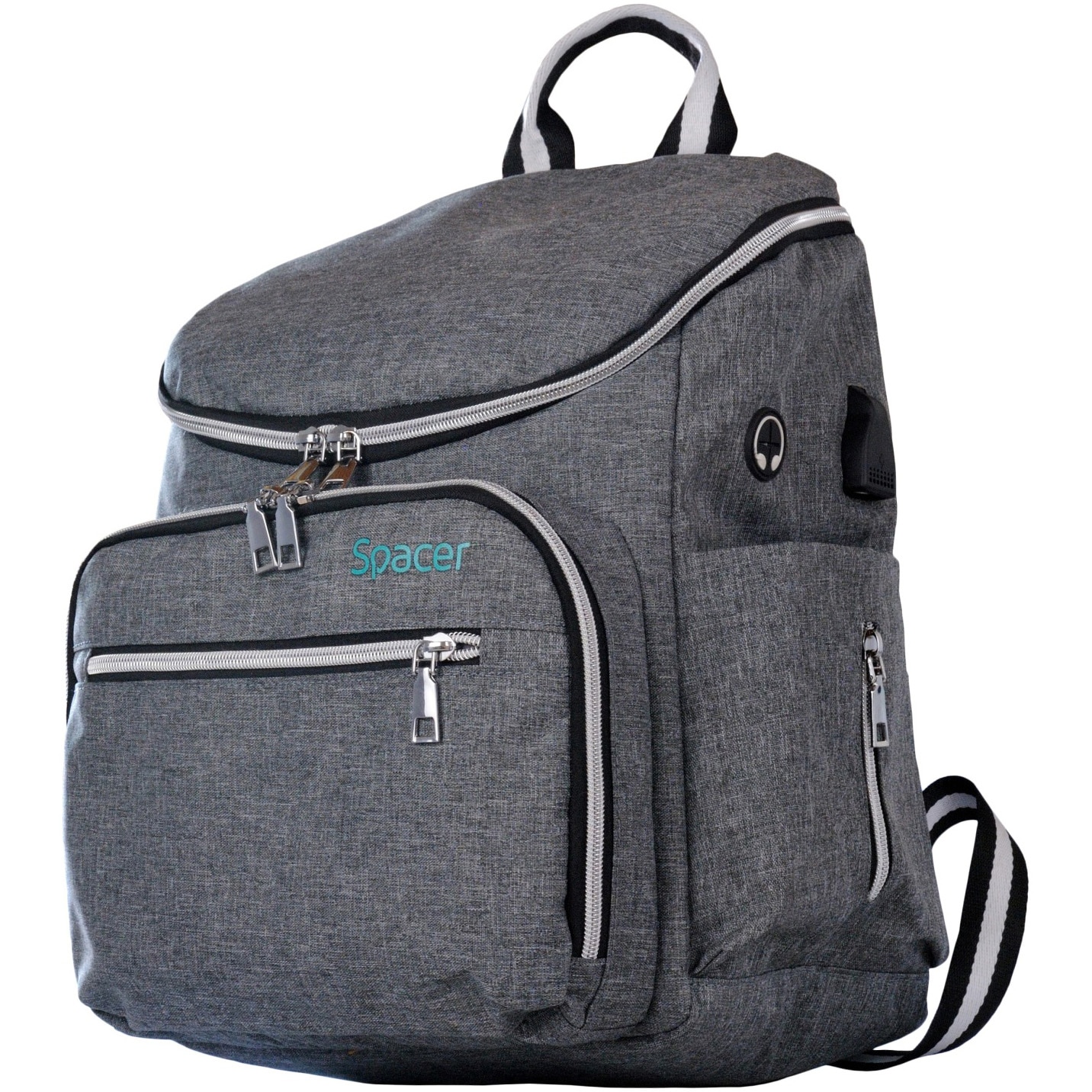 Rucsac Pumpkin, Spacer, 1 compartiment, buzunar frontal x 2, buzunar lateral x 2, buzunar dorsal cu fermoar, buzunar termoizolant detasabil, USB 2.0 (M)(pt. acces la Power Bank), fanta acces Casti, nylon, gri