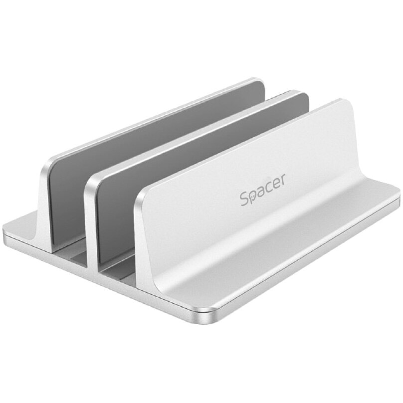 Stand vertical pentru notebook, Spacer, notebook 14/17 , dublu, protectie impotriva zgarieturilor, latime ajustabila, aluminiu sablat, argintiu