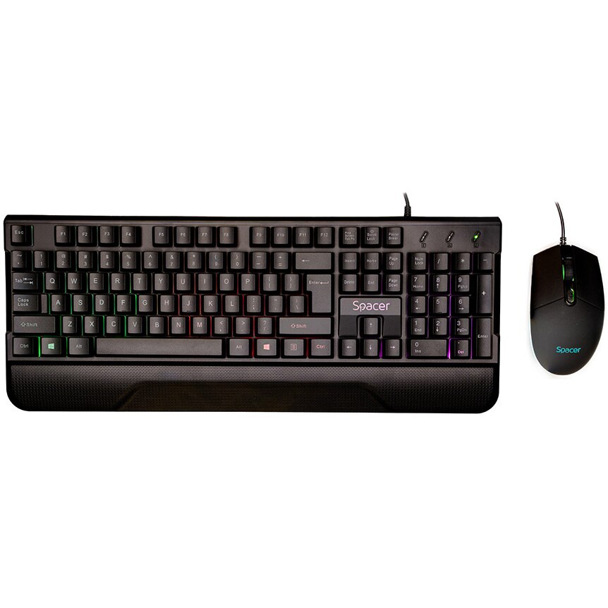 Kit gaming Invictus, Spacer , USB, tastatura RGB rainbow + mouse optic 7 culori, negru