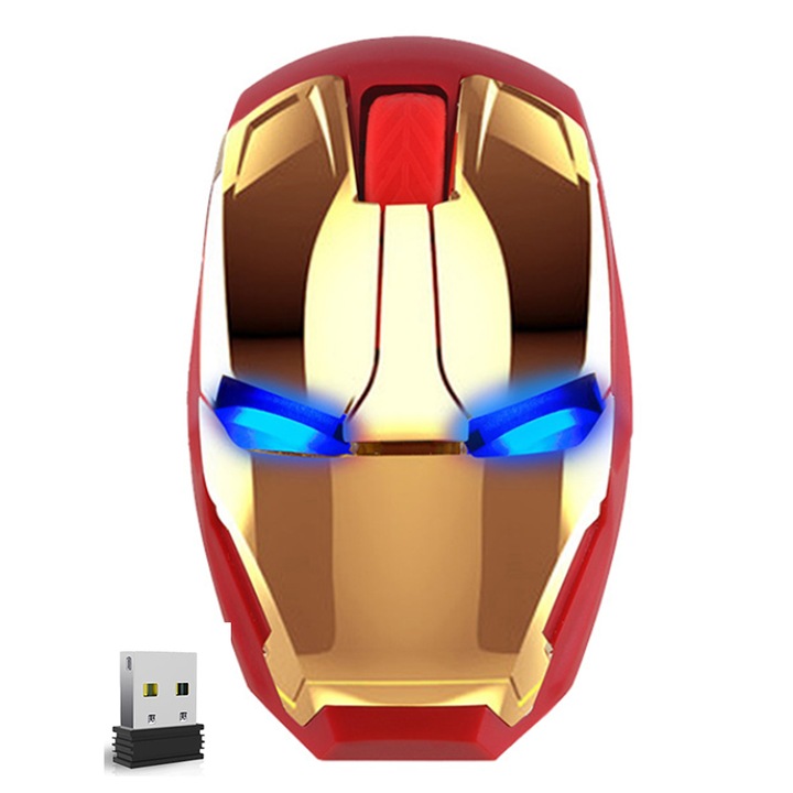 Iron Man vezeték nélküli egér, 4 fokozatban állítható DPI, LED lámpa, piros/arany