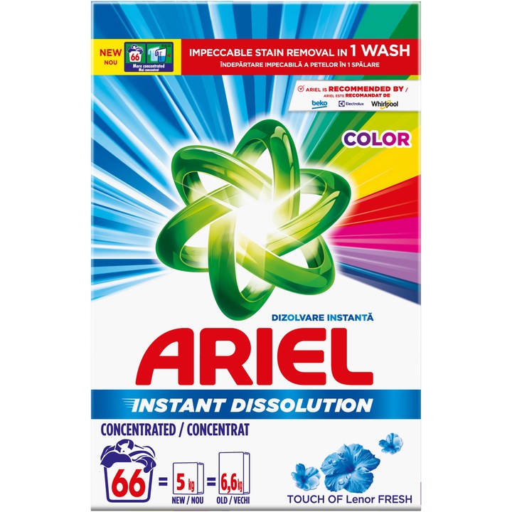 Detergent de rufe pudra Ariel Touch of Lenor Fresh Color, 4.95kg, 66 spalari