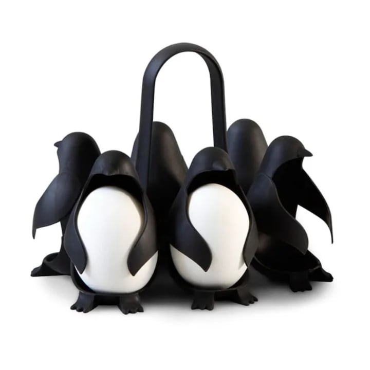 Pingvin alakú tojástartó tojásfőzéshez, kapacitása 6 tojás, tojástartó, fekete