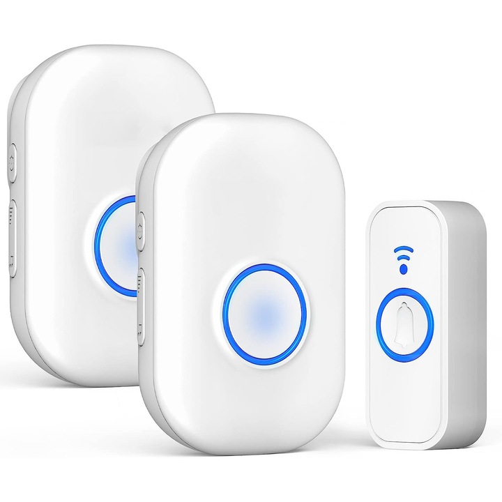 Sonerie Fara Fir/ Wireless, BYONDSELF®, 2 receptoare, distanta 300m, reglare volum pe 4 nivele, 58 melodii, rezistenta la apa, rezistenta la temperaturi inalte/ joase, rezistenta la praf, alb